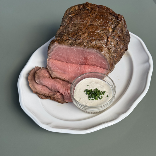 Whole Rare Roast Beef Scotch Fillet with Horseradish Cream