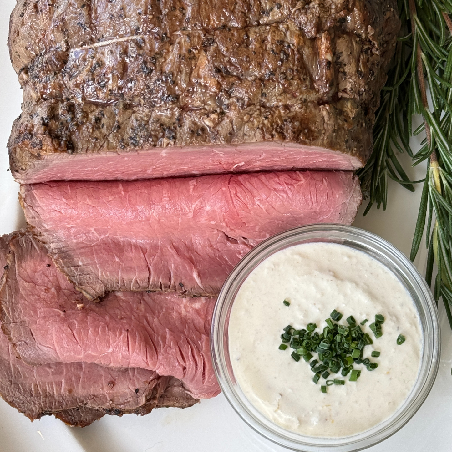 Whole Rare Roast Beef Scotch Fillet with Horseradish Cream